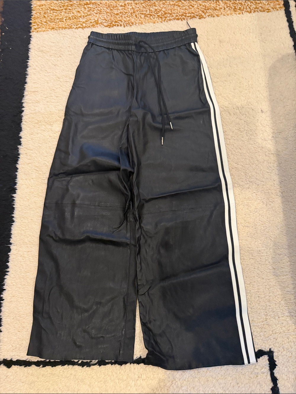SPRWMN Black Wide-Leg leather Track Pants with White Side Stripe
